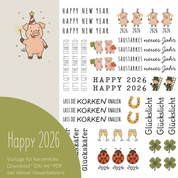 "Happy 2026" Designvorlage für Kerzentattoos