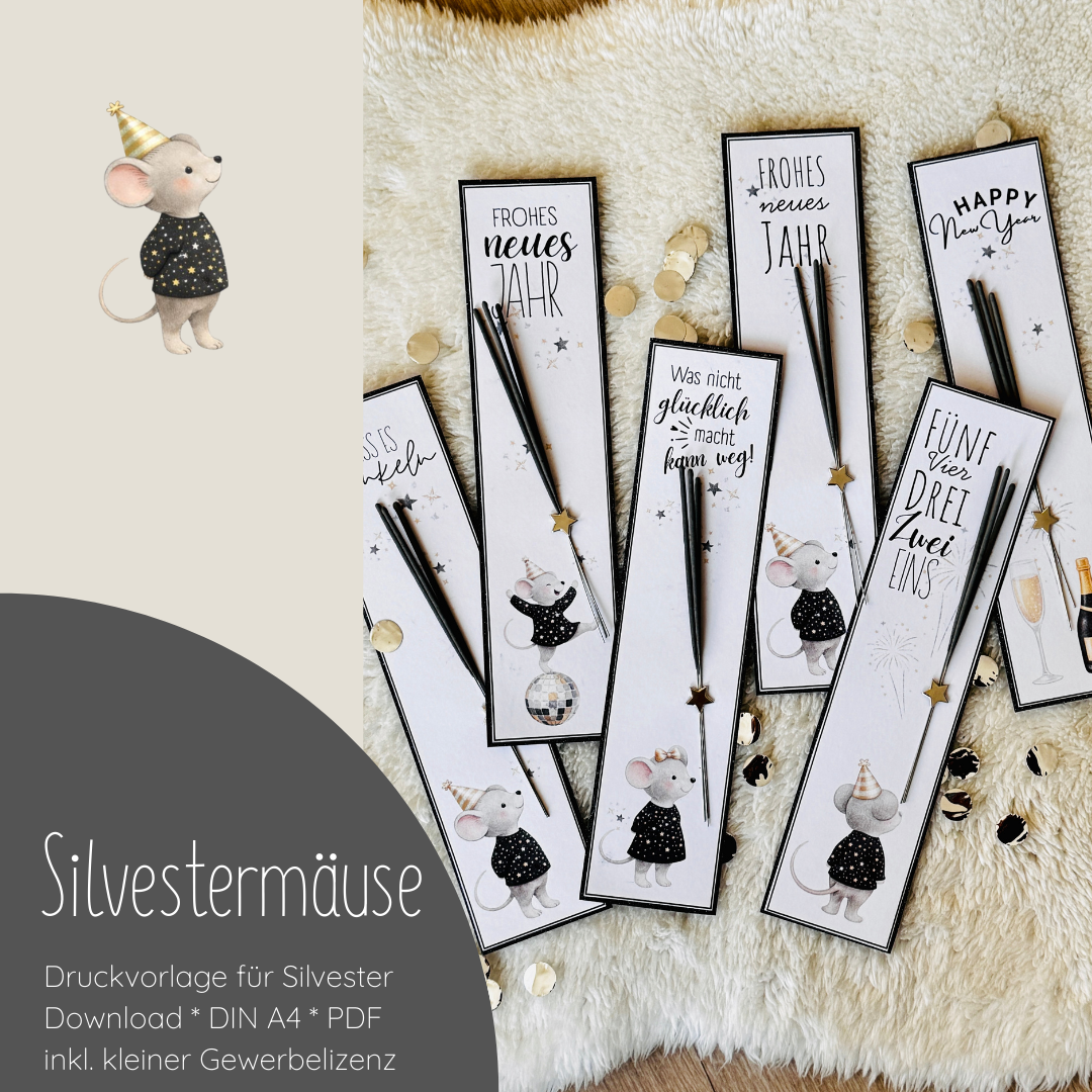 "Silvestermäuse" Druckvorlage für Karten