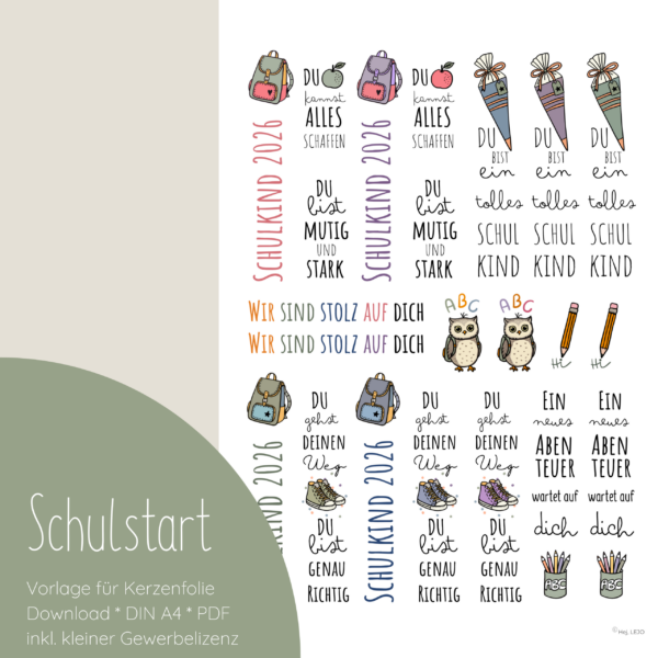 "Schulstart" Designvorlage für Kerzentattoos